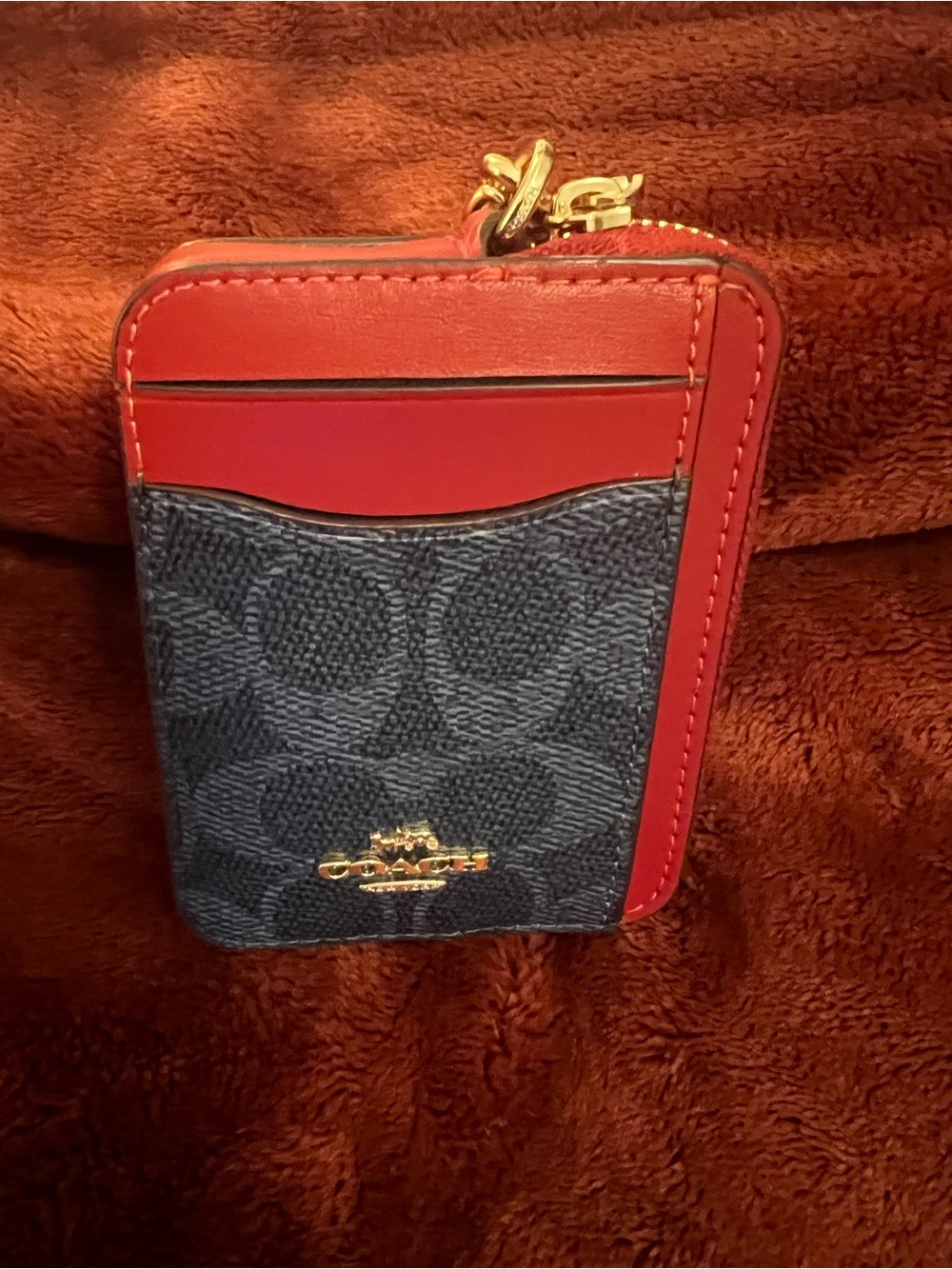Coach Navy and Red Zip Card Case with Gold Chain